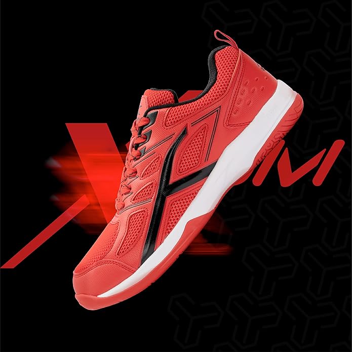 HUNDRED Xoom Non-Marking Professionelle Badmintonschuhe für Herren (Rot/Schwarz, Größe: UK 10/US 11/EU 44) | Geeignet für Hallen-Badminton/Tennis/Squash/Tischtennis/Basketball & Padel