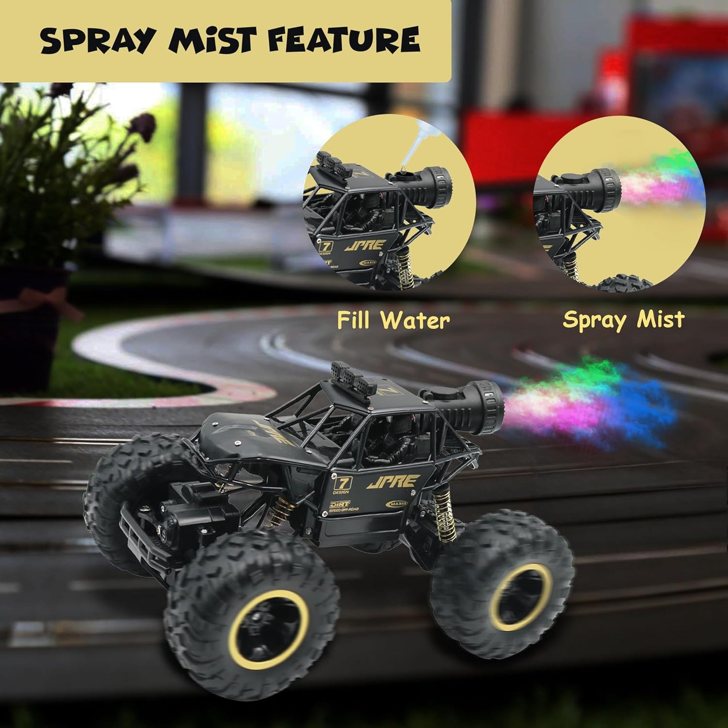 FUNFY 1:16 Rock Explorer 4WD RC Toy Car | Black | with 4 soft suspensions, dual motor, flash mist spray, better grip tires, sturdy body, and rechargeable battery as a gift for kids
