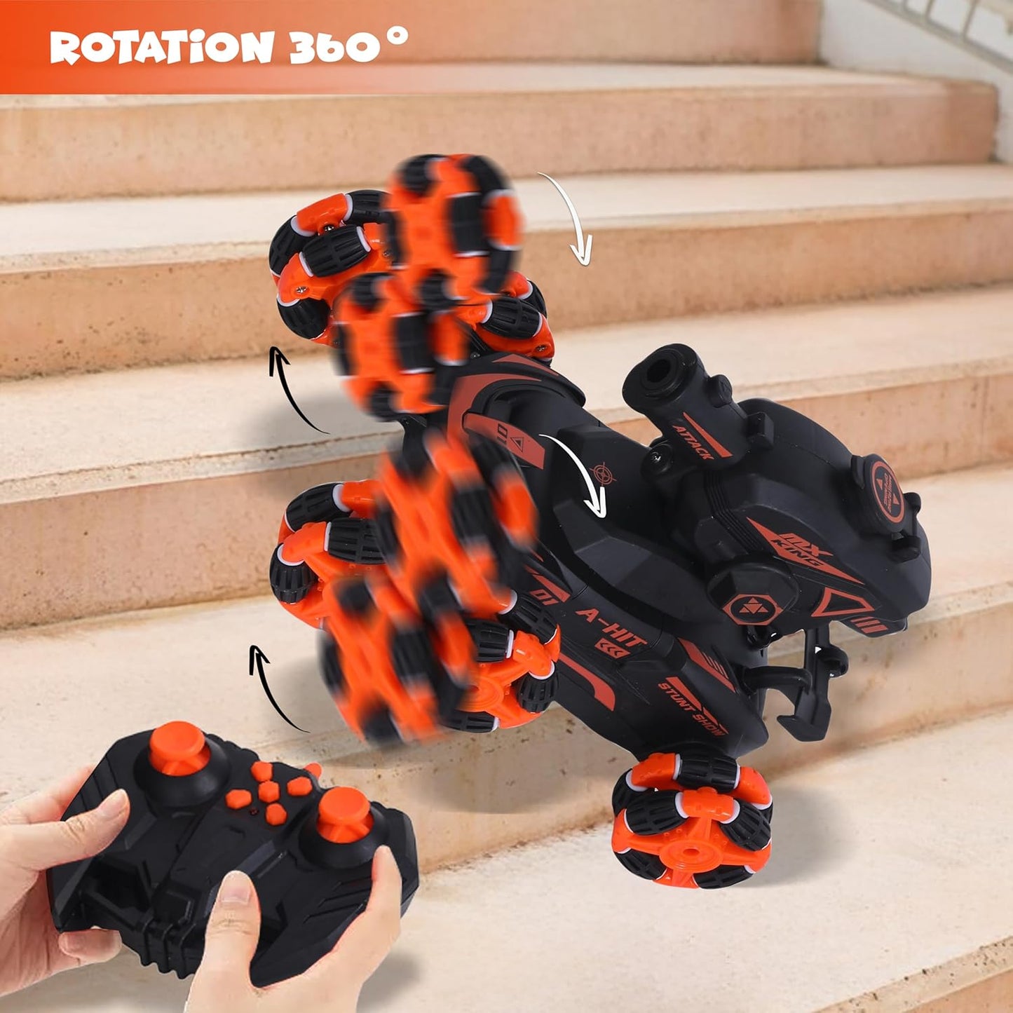 FUNFY 1:16 Scale 6-Wheel RC Stunt Car with Climbing and Shooting Function | Black | with 6 wheels for 45-degree propulsion, fog effect, obstacle crossing, all-wheel drive, and rechargeable battery for children and as a gift