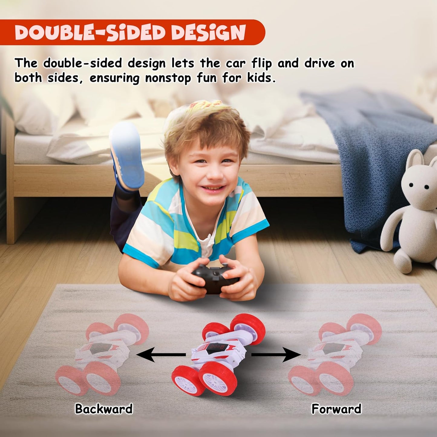 FUNFY Racing Stunt RC Toy Car with 4WD | with 360-degree rotation, off-road, double-sided drive | Non-slip vacuum tires, mist spray, and rechargeable battery | Black and red | for kids, adults