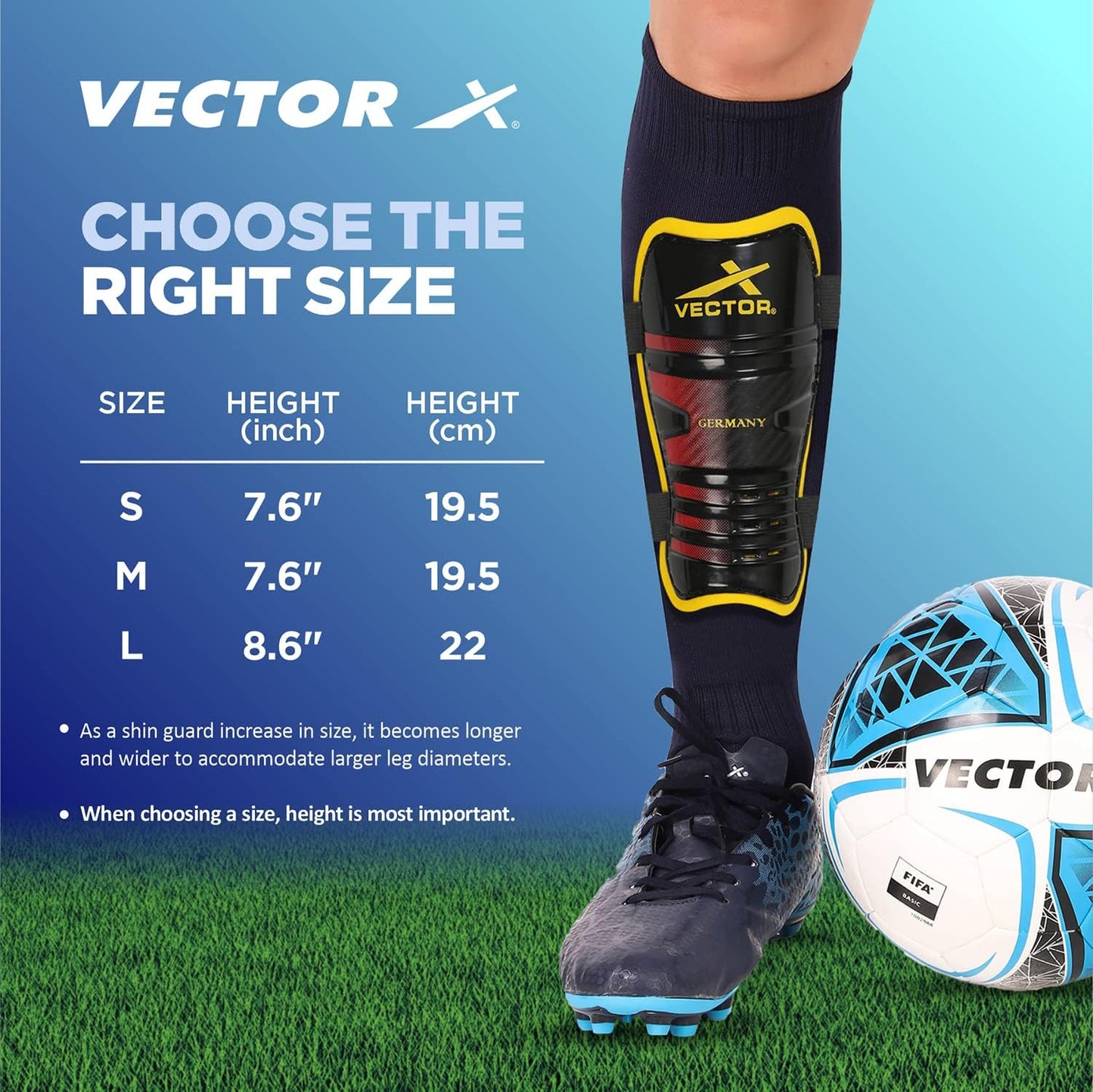 Vector X football shin guards with adjustable Velcro strap (S/M, Germany)