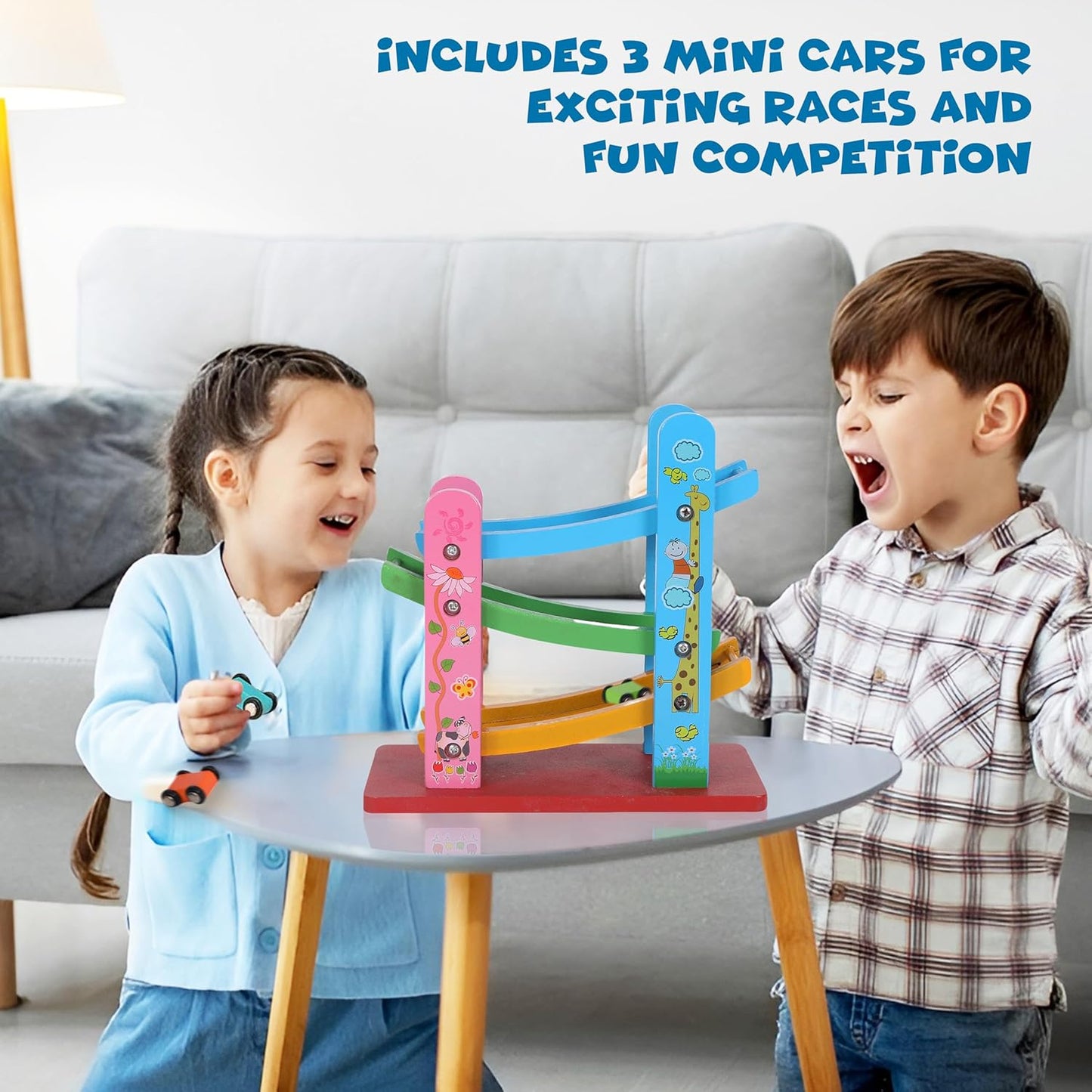 FUNFY Wooden Race Track Game with 3 Mini Cars | Multicolored | Material: Wood | Montessori Table Toy for Developing Creativity | Vibrant Design, for Children