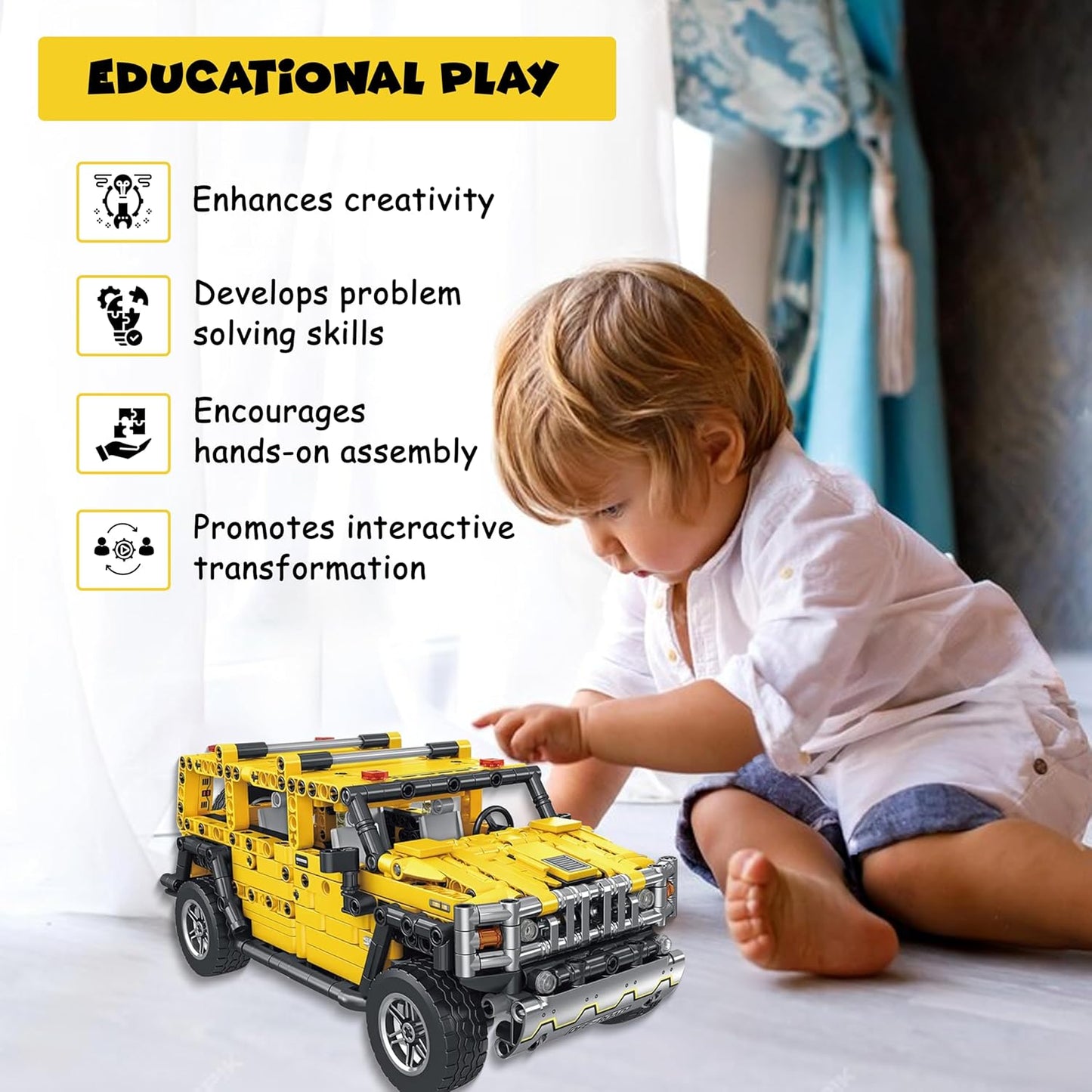 FUNFY 1010-teiliges 2-in-1-Spielzeug mit Rückziehauto und Transformer-Bausteinen | Gelb | ABS-Kunststoff | Dieses Deformationsauto wird zur Transformer-Figur | Perfekt zum Verschenken | Actionfigur