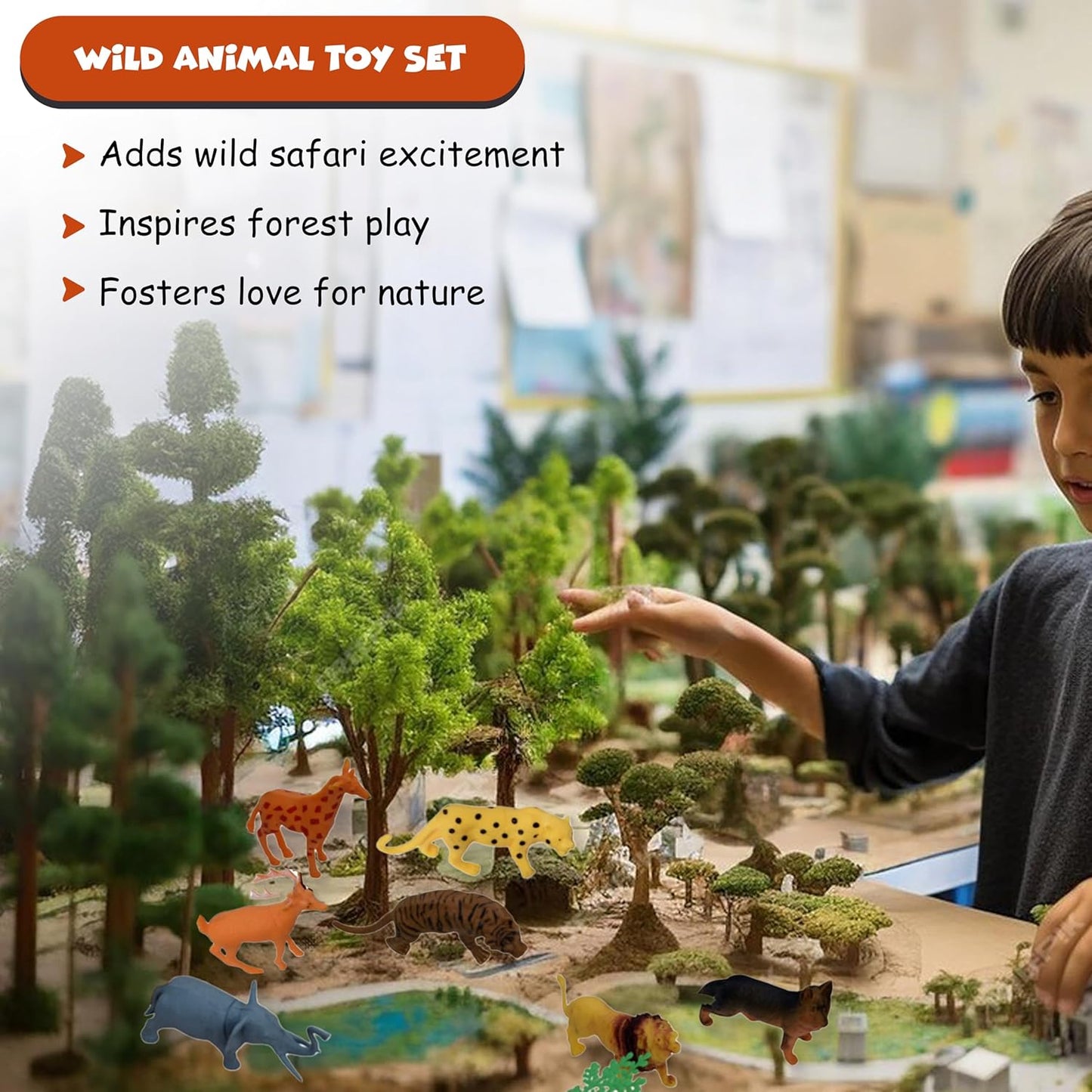 FUNFY Wild Animal Safari and Forest Toy Set with Box | Multicolored | Miniature assortment includes 10 animal figures with 18 forest trees and rocks | Encourages imaginative play | for children