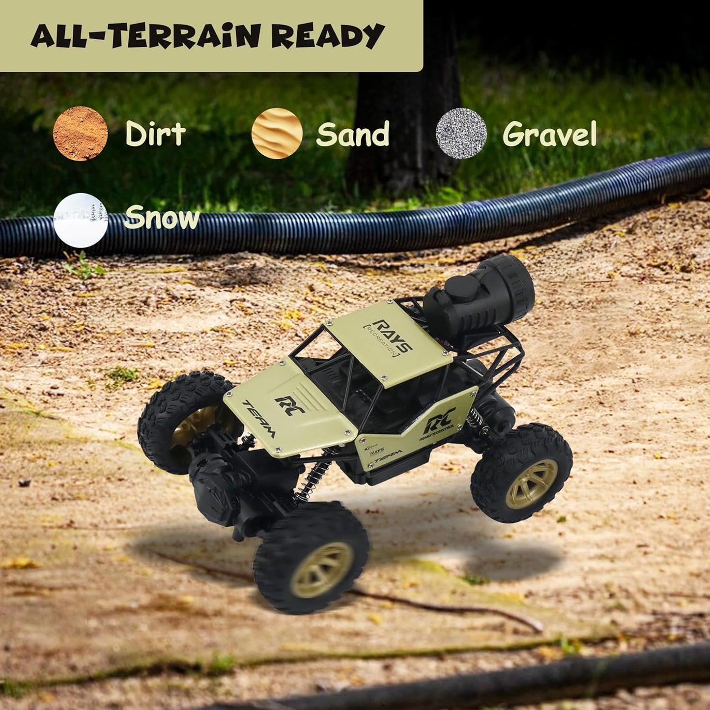 FUNFY 1:18 Rock Crawler RC-Spielzeugauto mit Allradantrieb | Schwarz | mit 4 weichen Aufhängungen, Doppelmotor, Blitznebelspray, Reifen mit besserer Haftung, Aluminiumkarosserie und wiederaufladbarem Akku | als Geschenk für Kinder