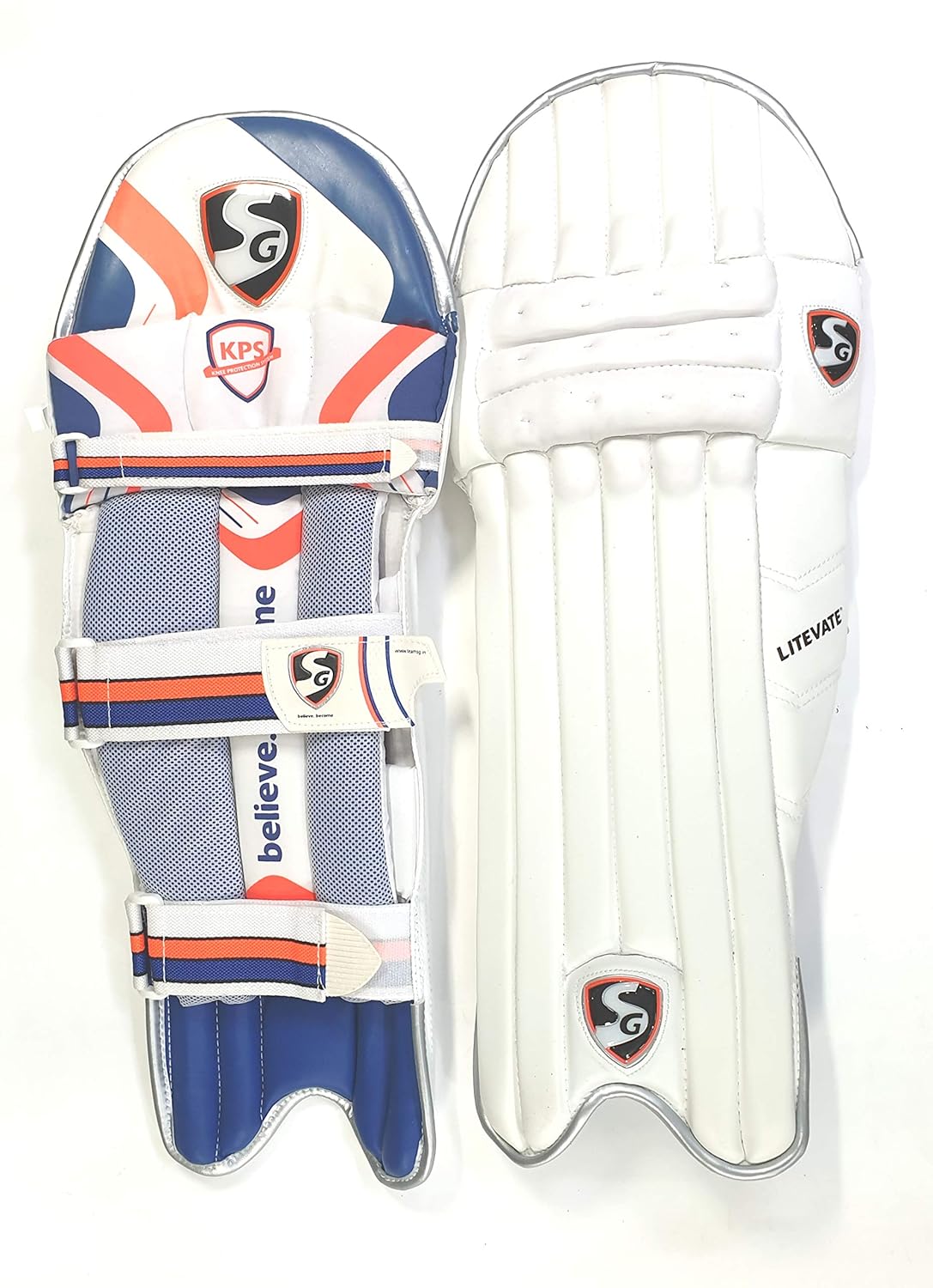 SG Litevate Batting Leg Guard für Männer & Jungen | Farbe: Weiß | Verschlusstyp: Haken und Schlaufen | Beinschutz für Cricket | Cricket-Sicherheitsausrüstung | Cricket-Pads | Batting Leg Armor