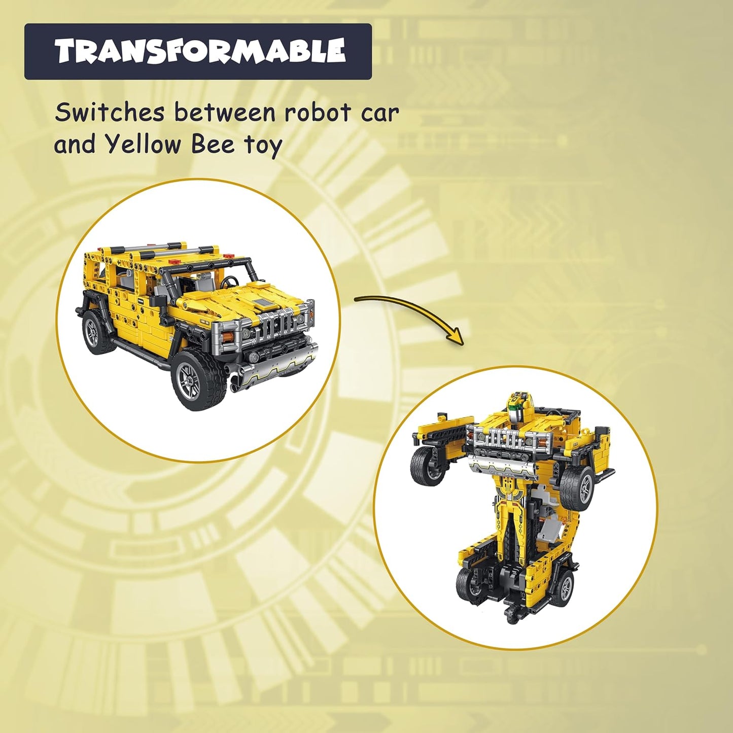 FUNFY 1010-teiliges 2-in-1-Spielzeug mit Rückziehauto und Transformer-Bausteinen | Gelb | ABS-Kunststoff | Dieses Deformationsauto wird zur Transformer-Figur | Perfekt zum Verschenken | Actionfigur