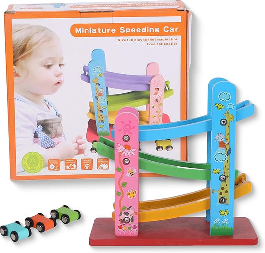 FUNFY Wooden Race Track Game with 3 Mini Cars | Multicolored | Material: Wood | Montessori Table Toy for Developing Creativity | Vibrant Design, for Children
