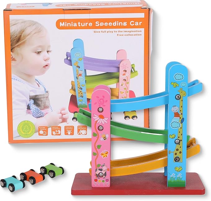 FUNFY Wooden Race Track Game with 3 Mini Cars | Multicolored | Material: Wood | Montessori Table Toy for Developing Creativity | Vibrant Design, for Children