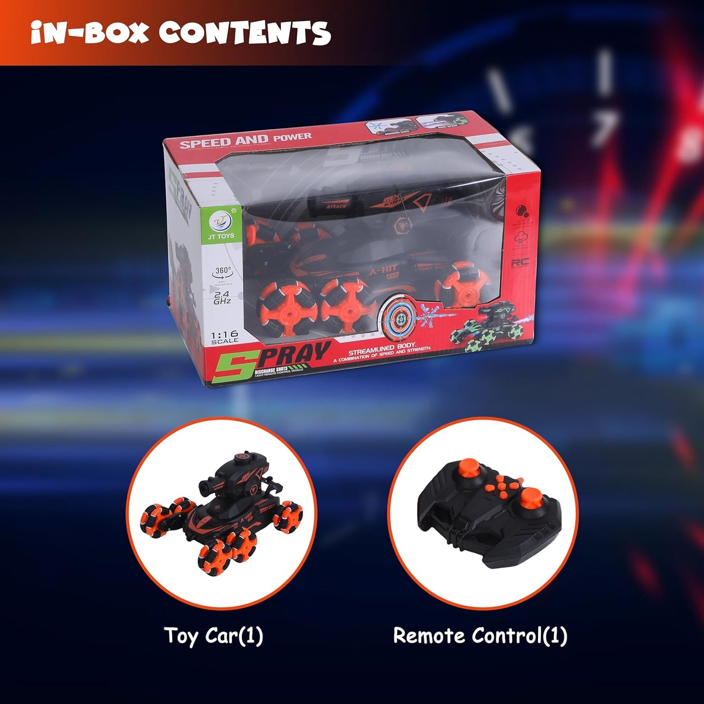 FUNFY 1:16 Scale 6-Wheel RC Stunt Car with Climbing and Shooting Function | Black | with 6 wheels for 45-degree propulsion, fog effect, obstacle crossing, all-wheel drive, and rechargeable battery for children and as a gift