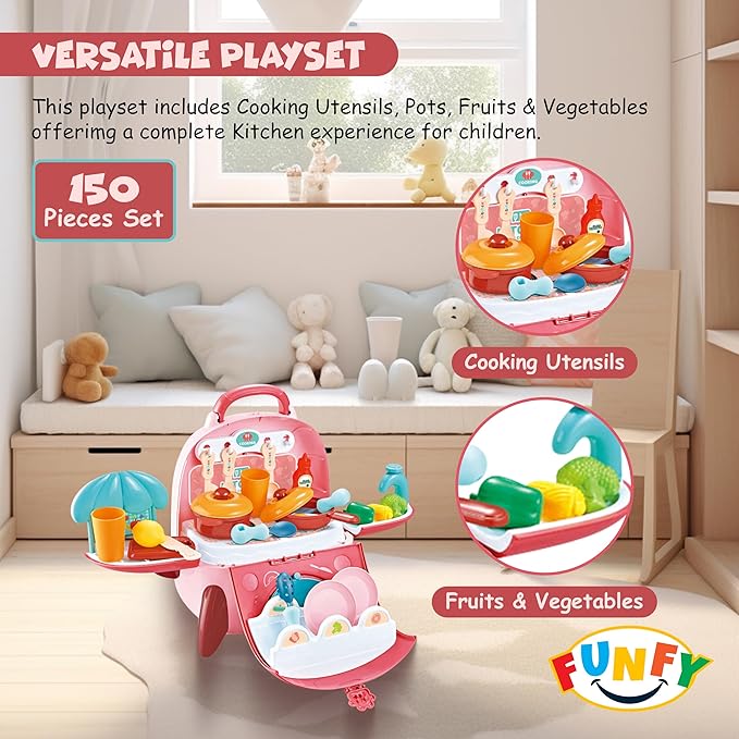 FUNFY 2-in-1 Tragbares Rucksack-Spielzeugküchen-Spielset | Mehrfarbig | Material: Kunststoff | Kochutensilien, Töpfe, Obst und Gemüse | Geschicklichkeitsaufbau | Rollenspiel | für Kinder