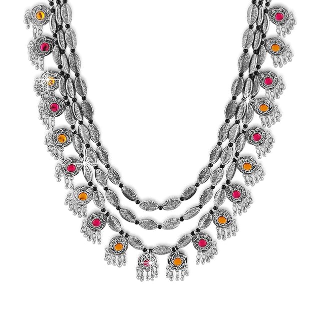 YouBella Fashion Afghani Tribal Schmuckset für Frauen und Mädchen | Set aus Halskette und Ohrringen | Farbe: Silber | Antik oxidiert | Versilbert | Hautfreundlich | Nicht allergisch | Zum Verschenken und zur Hochzeit