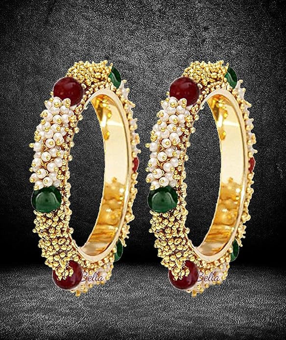 YouBella Traditionelles Armreifen-Set mit Perlenbesatz | Vergoldet | Mehrfarbig | Material: Messing | Größe: 2,4 | Modischer Kunstschmuck | Für Frauen und Mädchen | Geeignet für alle Gelegenheiten