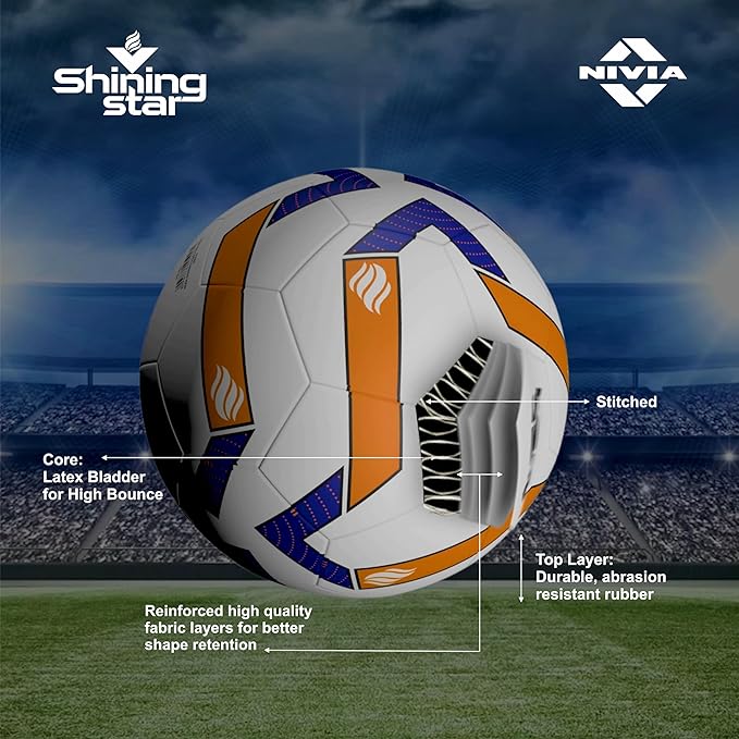 Nivia Shining Star Football/32 Panel/Gummi genäht/International Match Ball/Größe - 5 (Multicolor)