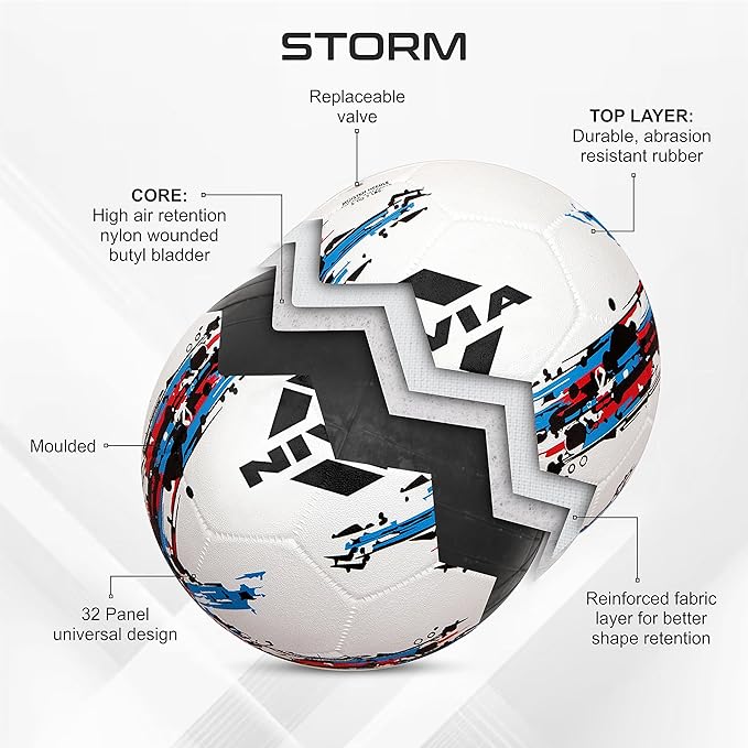 Nivia Sturm football, basic standard, training ball, 32 fields, durable rubber coating, bladder with butyl thread, for playing on hard surfaces