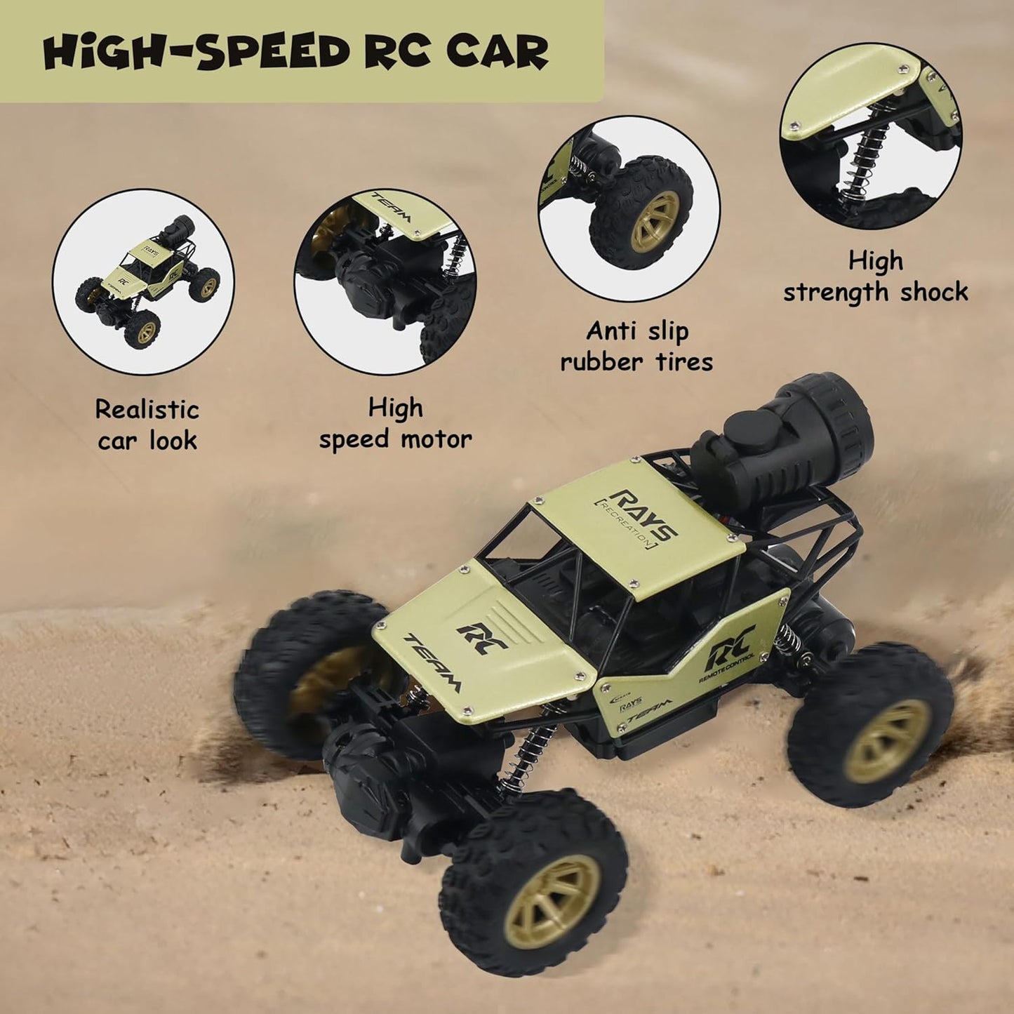 FUNFY 1:18 Rock Crawler RC-Spielzeugauto mit Allradantrieb | Schwarz | mit 4 weichen Aufhängungen, Doppelmotor, Blitznebelspray, Reifen mit besserer Haftung, Aluminiumkarosserie und wiederaufladbarem Akku | als Geschenk für Kinder