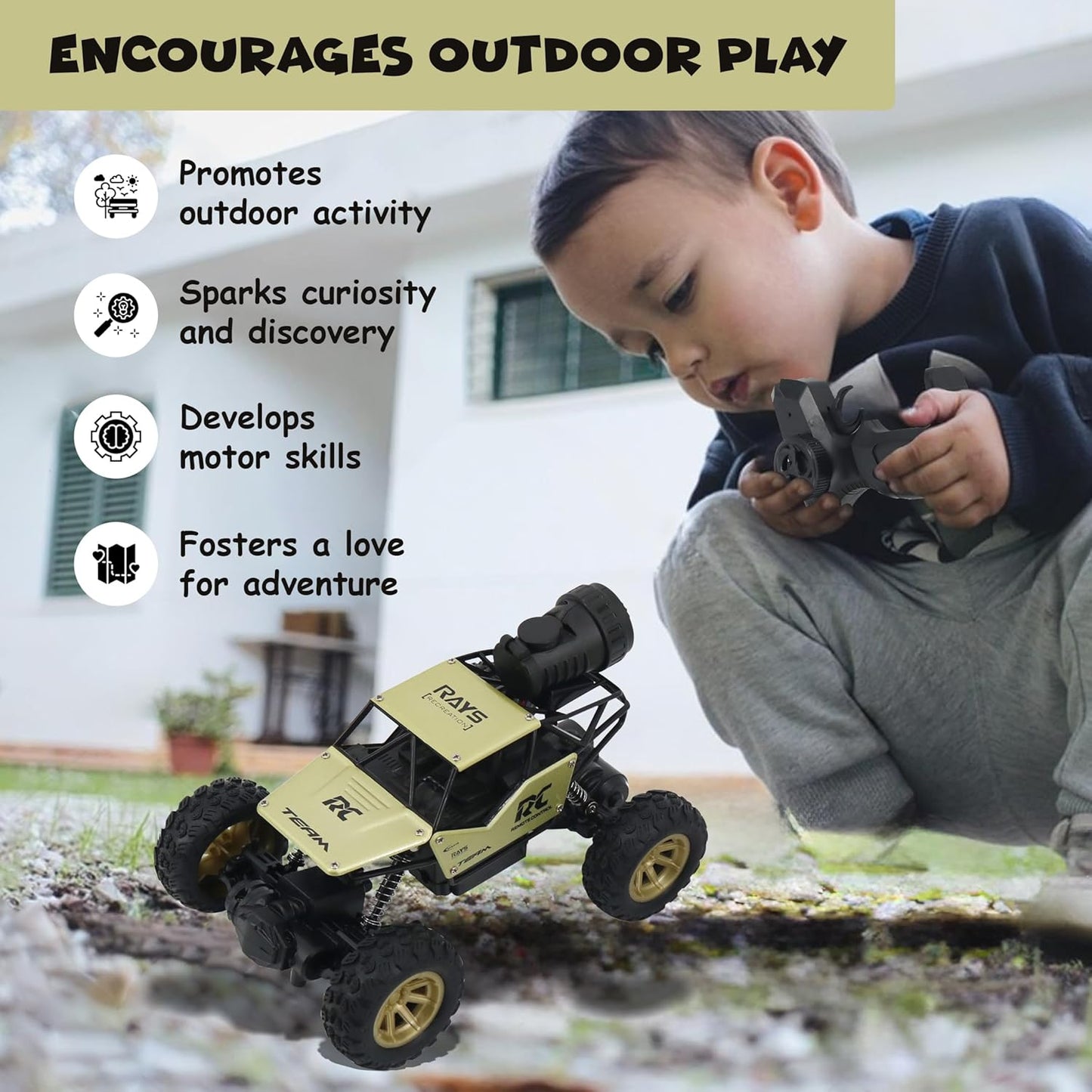 FUNFY 1:18 Rock Crawler RC-Spielzeugauto mit Allradantrieb | Schwarz | mit 4 weichen Aufhängungen, Doppelmotor, Blitznebelspray, Reifen mit besserer Haftung, Aluminiumkarosserie und wiederaufladbarem Akku | als Geschenk für Kinder