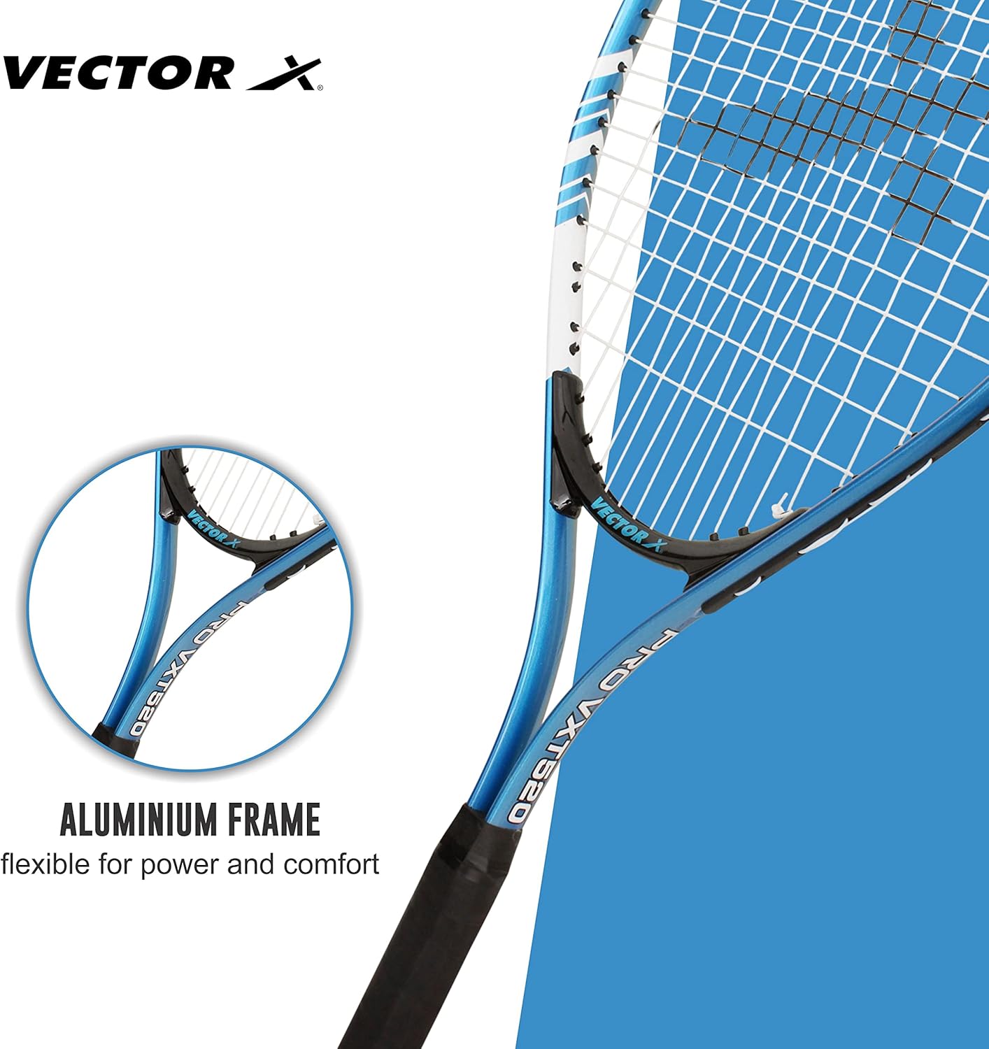 Vector X VXT-520 Strung Junior Tennis Racket | Color: Blue | Size: 23 inches | Material: Alloy steel, aluminum | with 3/4 cover | Grip size: 3 3/4 inches | Heavy construction | Shock absorption effect | Head shape: Oval shape