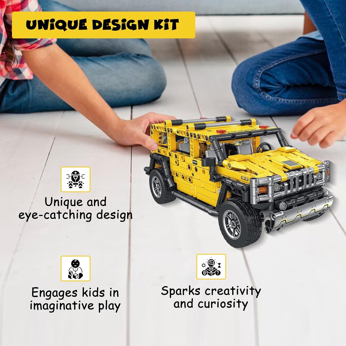 FUNFY 1010-teiliges 2-in-1-Spielzeug mit Rückziehauto und Transformer-Bausteinen | Gelb | ABS-Kunststoff | Dieses Deformationsauto wird zur Transformer-Figur | Perfekt zum Verschenken | Actionfigur