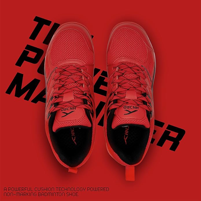 HUNDRED Xoom Non-Marking Professionelle Badmintonschuhe für Herren (Rot/Schwarz, Größe: UK 10/US 11/EU 44) | Geeignet für Hallen-Badminton/Tennis/Squash/Tischtennis/Basketball & Padel