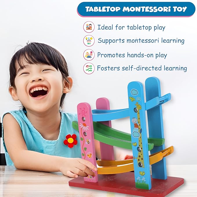 FUNFY Wooden Race Track Game with 3 Mini Cars | Multicolored | Material: Wood | Montessori Table Toy for Developing Creativity | Vibrant Design, for Children