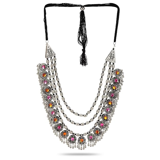 YouBella Fashion Afghani Tribal Schmuckset für Frauen und Mädchen | Set aus Halskette und Ohrringen | Farbe: Silber | Antik oxidiert | Versilbert | Hautfreundlich | Nicht allergisch | Zum Verschenken und zur Hochzeit