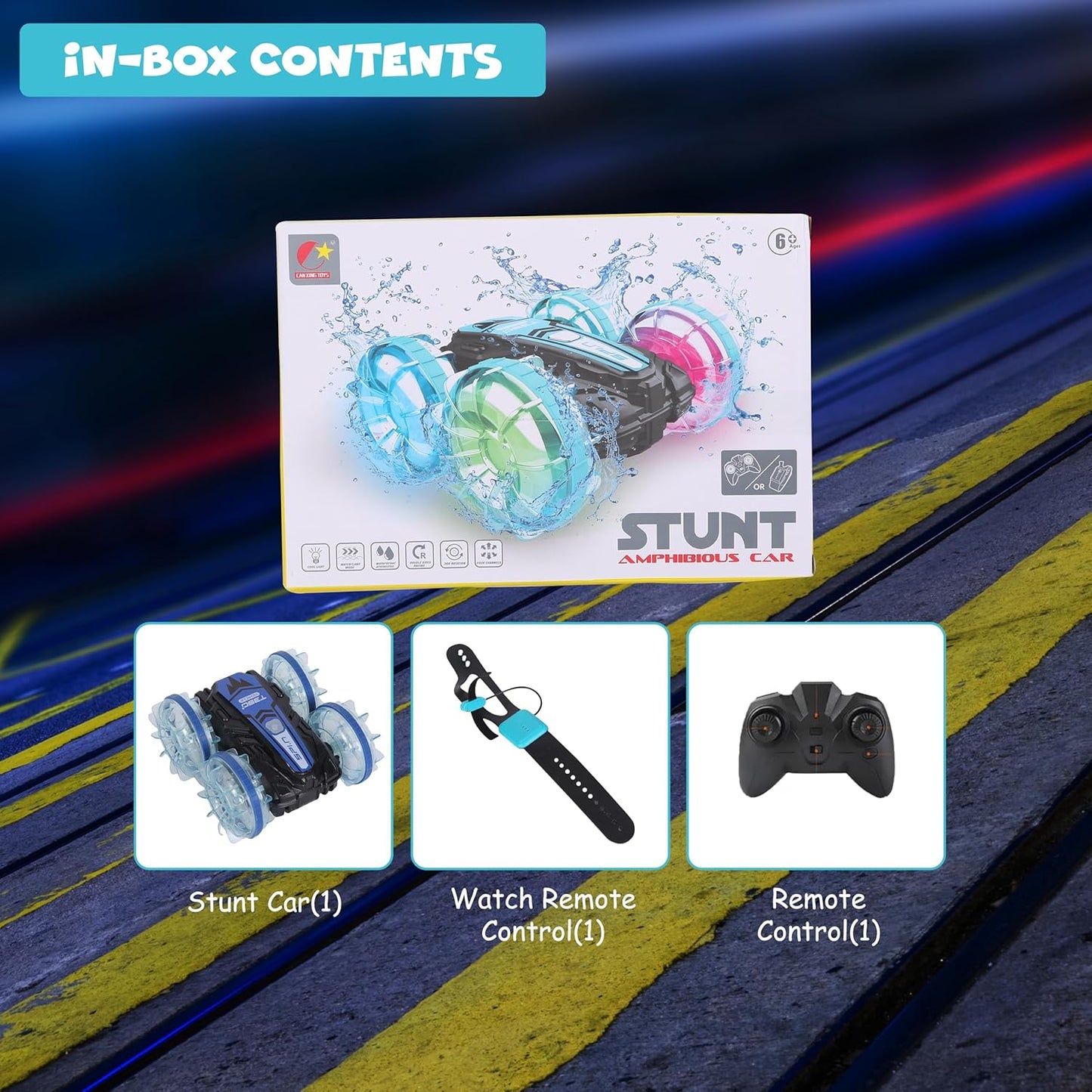 FUNFY Aqua Stunt RC-Auto mit leuchtenden Lichtern | 4WD mit wasserfestem | Mehrfarbig | Das geländegängige Marvel für Kinder ermöglicht spannende Stunts an Land und im Wasser