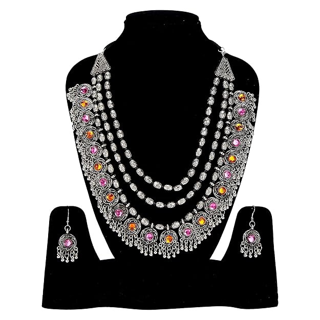 YouBella Fashion Afghani Tribal Schmuckset für Frauen und Mädchen | Set aus Halskette und Ohrringen | Farbe: Silber | Antik oxidiert | Versilbert | Hautfreundlich | Nicht allergisch | Zum Verschenken und zur Hochzeit
