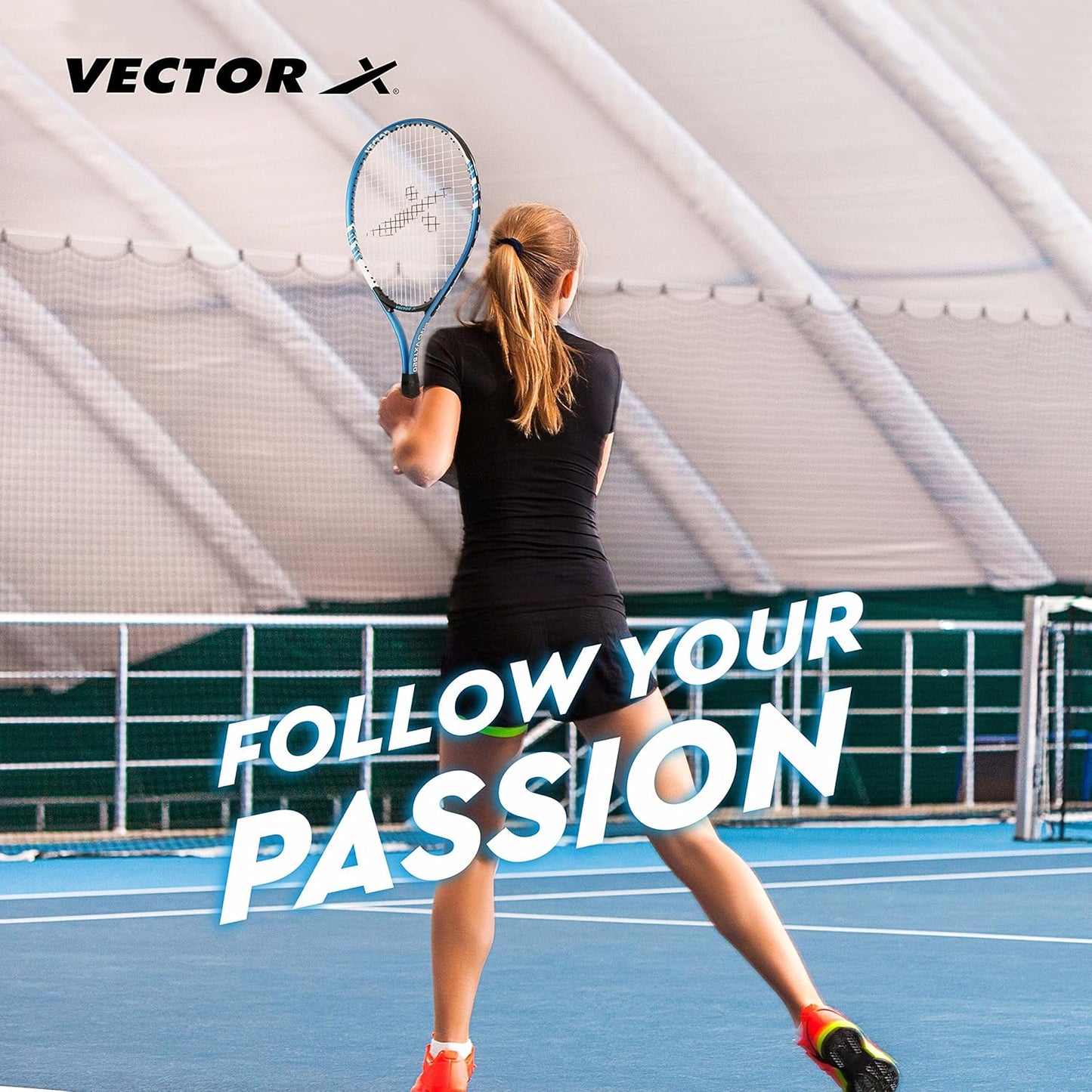 Vector X VXT-520 Strung Junior Tennis Racket | Color: Blue | Size: 23 inches | Material: Alloy steel, aluminum | with 3/4 cover | Grip size: 3 3/4 inches | Heavy construction | Shock absorption effect | Head shape: Oval shape