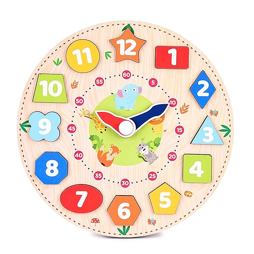 Webby Wooden Early Educational Teaching Clock (12 Pieces, Multicolour) | Time & Shapes Sorting Toy for Kids | Learn to Tell Time | Develops Fine Motor Skills & Colour Recognition