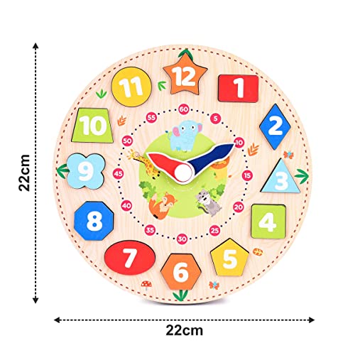 Webby Wooden Early Educational Teaching Clock (12 Pieces, Multicolour) | Time & Shapes Sorting Toy for Kids | Learn to Tell Time | Develops Fine Motor Skills & Colour Recognition