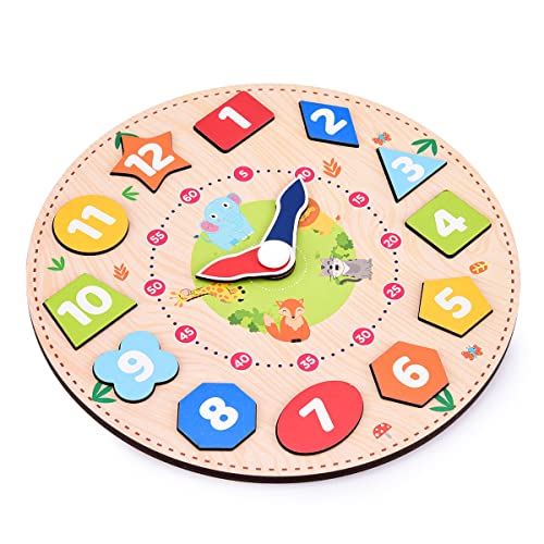 Webby Wooden Early Educational Teaching Clock (12 Pieces, Multicolour) | Time & Shapes Sorting Toy for Kids | Learn to Tell Time | Develops Fine Motor Skills & Colour Recognition