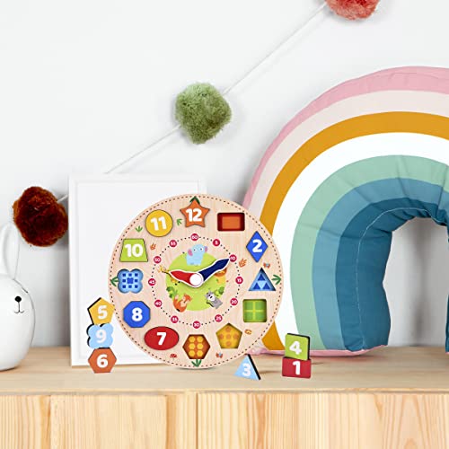 Webby Wooden Early Educational Teaching Clock (12 Pieces, Multicolour) | Time & Shapes Sorting Toy for Kids | Learn to Tell Time | Develops Fine Motor Skills & Colour Recognition