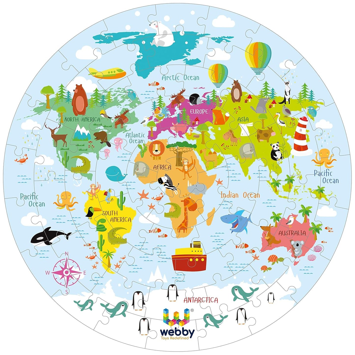 Webby Amazing World Map Jigsaw Floor Puzzle | 60 Teile | Enthält 4 doppelseitige Lernkarten | Rundes Lernpuzzle | Verbessert das Gedächtnis, die Konzentration und die Farberkennung