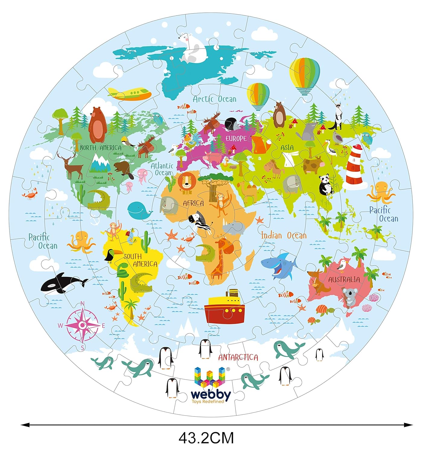 Webby Amazing World Map Jigsaw Floor Puzzle | 60 Teile | Enthält 4 doppelseitige Lernkarten | Rundes Lernpuzzle | Verbessert das Gedächtnis, die Konzentration und die Farberkennung