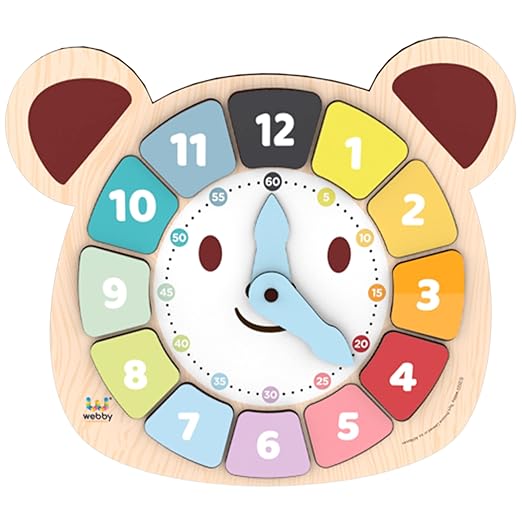 Webby Wooden Early Educational Learning Clock (12 Pieces, Multicolor) | Time & Shape Sorting Toys for Kids | Spinning Hands | Teaches Numbers, Colours & Motor Skills | Ideal for Travel & Gifts