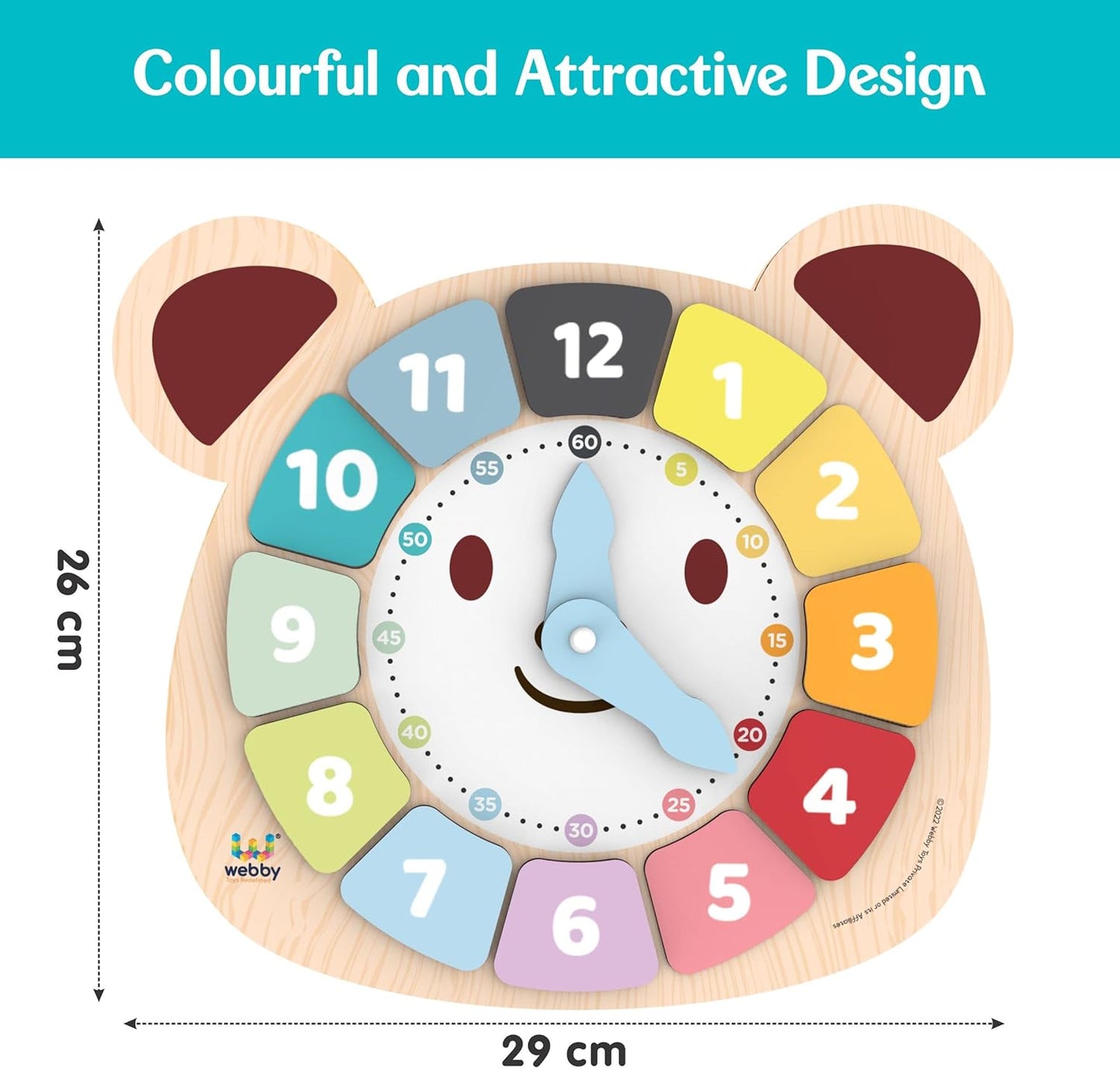 Webby Holzpuzzle zum Lernen für Kinder – 12-teiliges Sortierbrett mit drehbaren Zeigern – Lernspielzeug zum Erlernen von Zahlen, Farben und Feinmotorik – Mehrfarbig