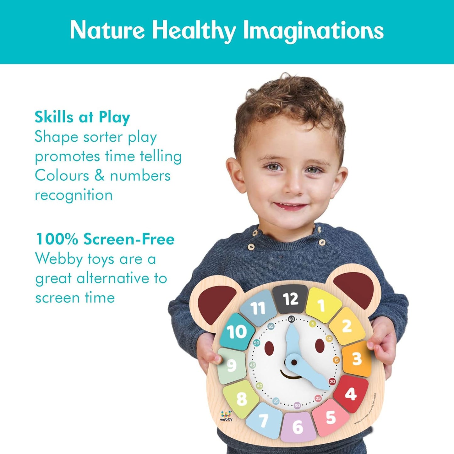 Webby Holzpuzzle zum Lernen für Kinder – 12-teiliges Sortierbrett mit drehbaren Zeigern – Lernspielzeug zum Erlernen von Zahlen, Farben und Feinmotorik – Mehrfarbig