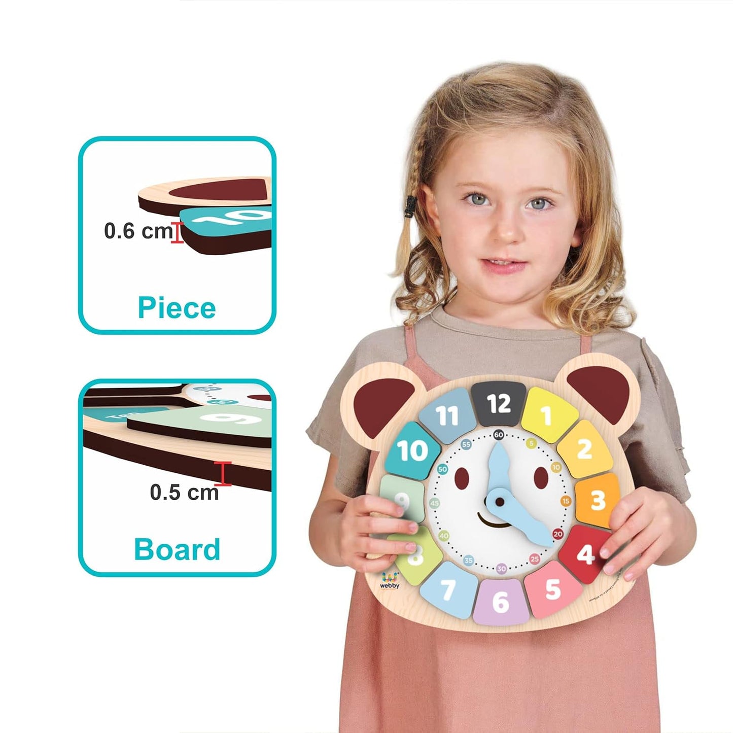 Webby Holzpuzzle zum Lernen für Kinder – 12-teiliges Sortierbrett mit drehbaren Zeigern – Lernspielzeug zum Erlernen von Zahlen, Farben und Feinmotorik – Mehrfarbig