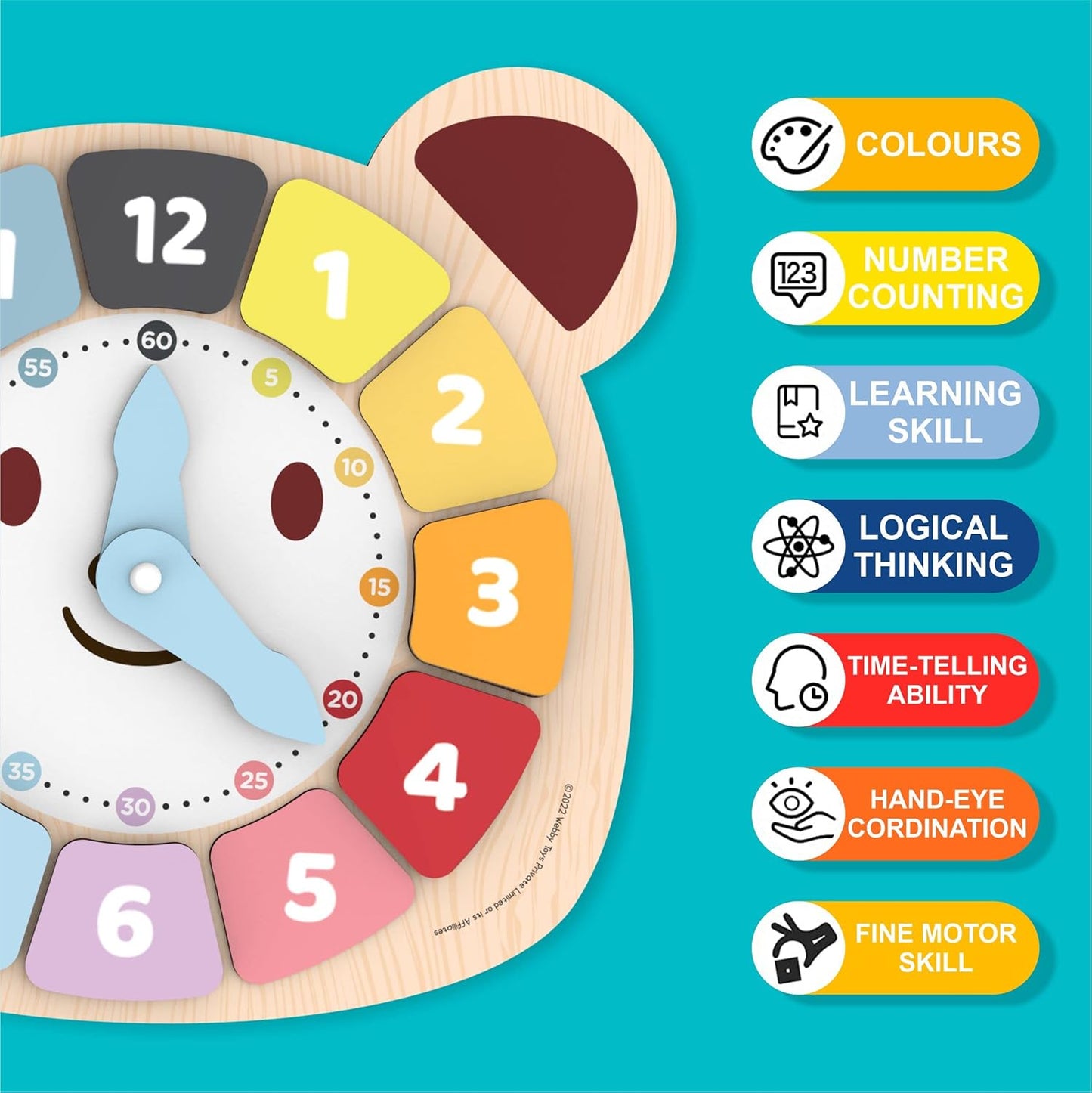 Webby Holzpuzzle zum Lernen für Kinder – 12-teiliges Sortierbrett mit drehbaren Zeigern – Lernspielzeug zum Erlernen von Zahlen, Farben und Feinmotorik – Mehrfarbig