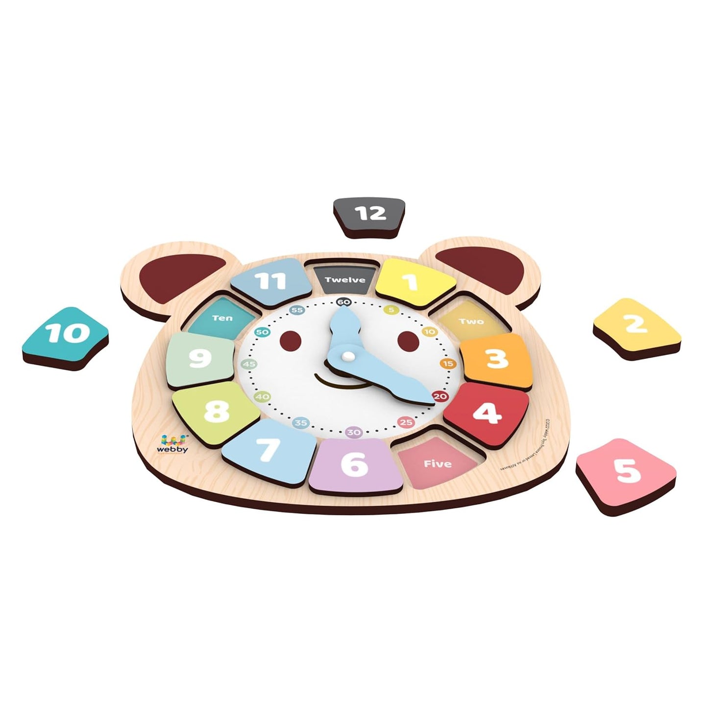 Webby Holzpuzzle zum Lernen für Kinder – 12-teiliges Sortierbrett mit drehbaren Zeigern – Lernspielzeug zum Erlernen von Zahlen, Farben und Feinmotorik – Mehrfarbig