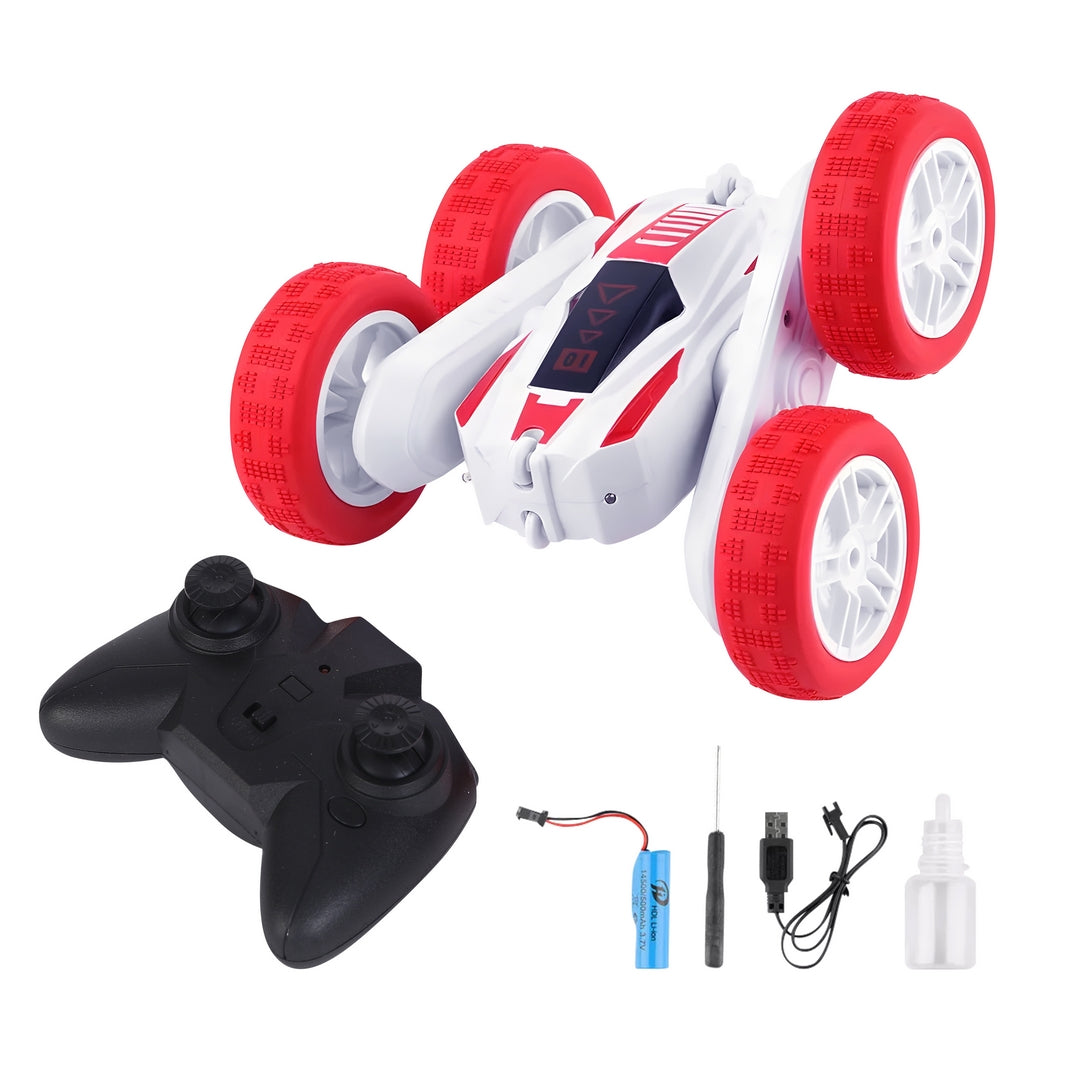FUNFY Racing Stunt RC-Spielzeugauto mit Allradantrieb | mit 360-Grad-Drehung, Offroad, Doppelseitenantrieb | Rutschfeste Vakuumreifen, Nebelspray und wiederaufladbarer Batterie | Schwarz und Rot | für Kinder, Erwachsene