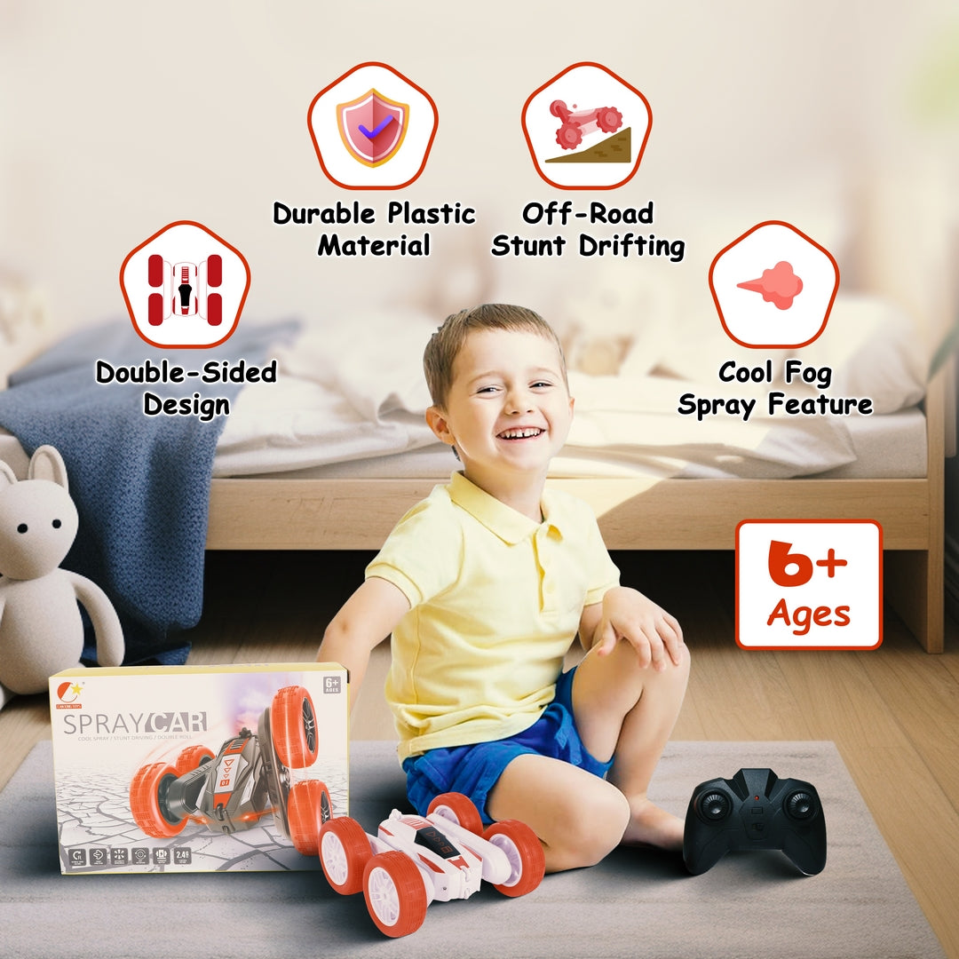 FUNFY Racing Stunt RC-Spielzeugauto mit Allradantrieb | mit 360-Grad-Drehung, Offroad, Doppelseitenantrieb | Rutschfeste Vakuumreifen, Nebelspray und wiederaufladbarer Batterie | Schwarz und Rot | für Kinder, Erwachsene