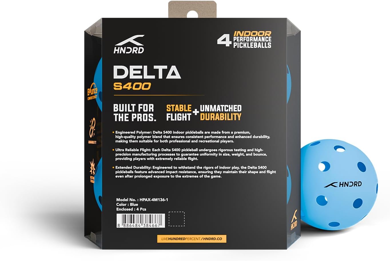 Hundred Delta S400 Pickleball-Bälle | Pickleballs für Hallenturniere | 26 präzisionsgebohrte Löcher | Langlebig und gleichmäßiger Sprung | Gut sichtbare blaue Farbe | 4er-Pack