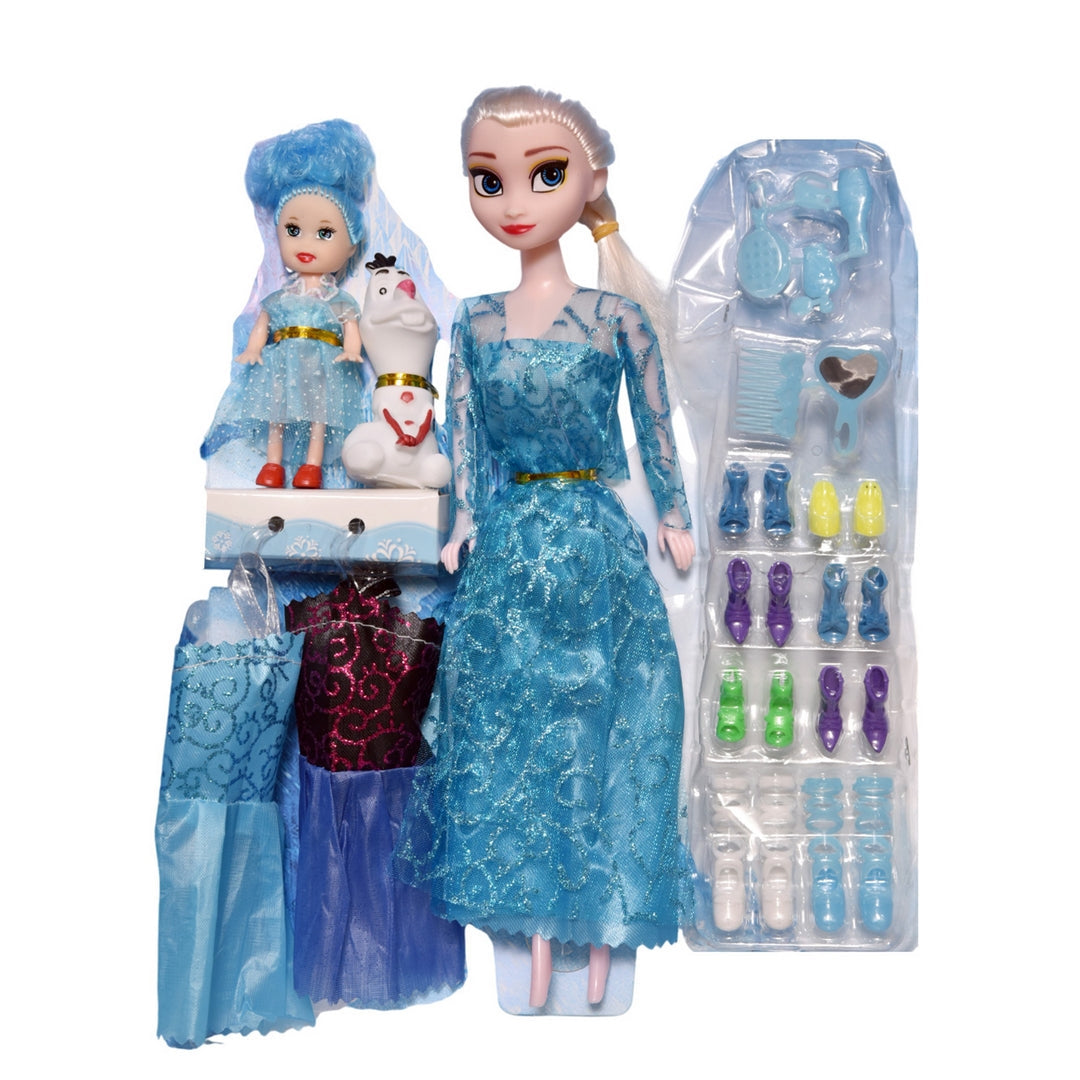 FUNFY 11" Eisprinzessinnen-Puppenset | Enthält zwei zusätzliche kleine Puppen | Blau | Material: Kunststoff | Zahlreiche Accessoires, darunter Kleider, Schuhe, Kamm und Spiegel für ausgedehntes Spielen | für Mädchen