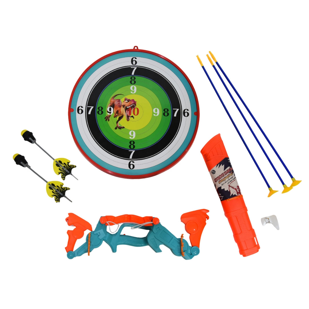 FUNFY Faltbares Dino-Spielzeugset mit Pfeil, Bogen und Dartscheibe | Mehrfarbig | Bogenschießen für drinnen und draußen | Perfekt für Abenteuer unterwegs oder Wettkämpfe im Garten und als Geburtstagsgeschenk für Kinder