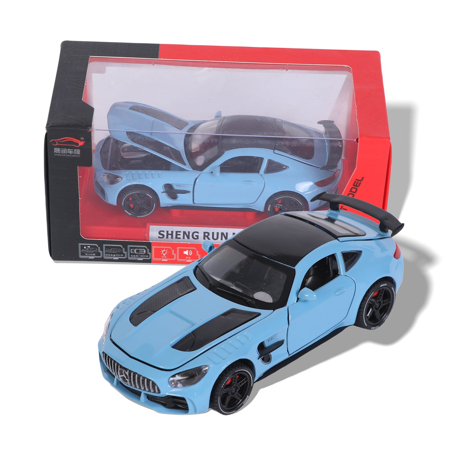 FUNFY Mercedes Benz AMG GT Skalierbares Auto im Maßstab 1:32 | Sortiert | Kunststoff und Metall | Türen, Motorhaube und Heckklappe zum Öffnen mit LED | Musik für ein intensives Spielerlebnis | für Kinder