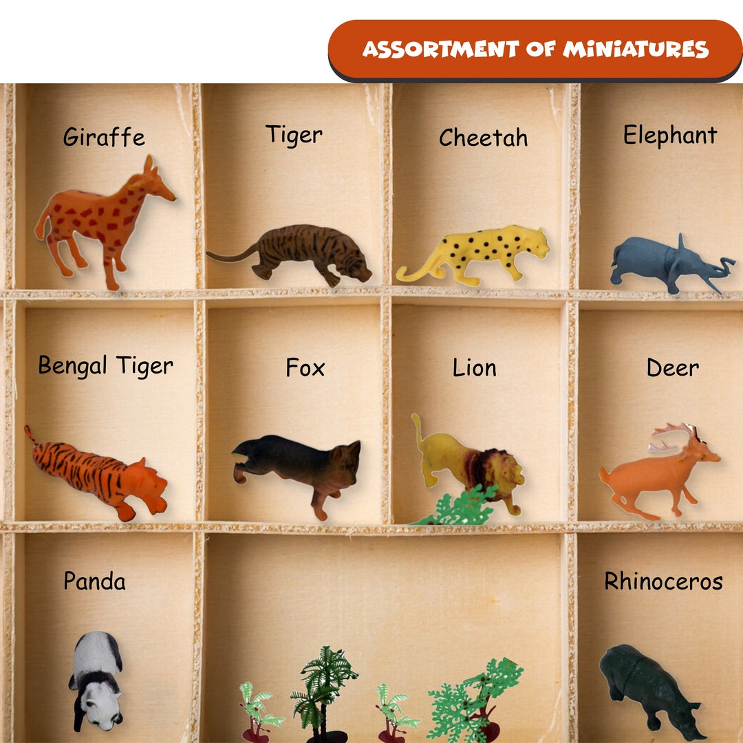 FUNFY Wild Animal Safari and Forest Toy Set with Box | Multicolored | Miniature assortment includes 10 animal figures with 18 forest trees and rocks | Encourages imaginative play | for children