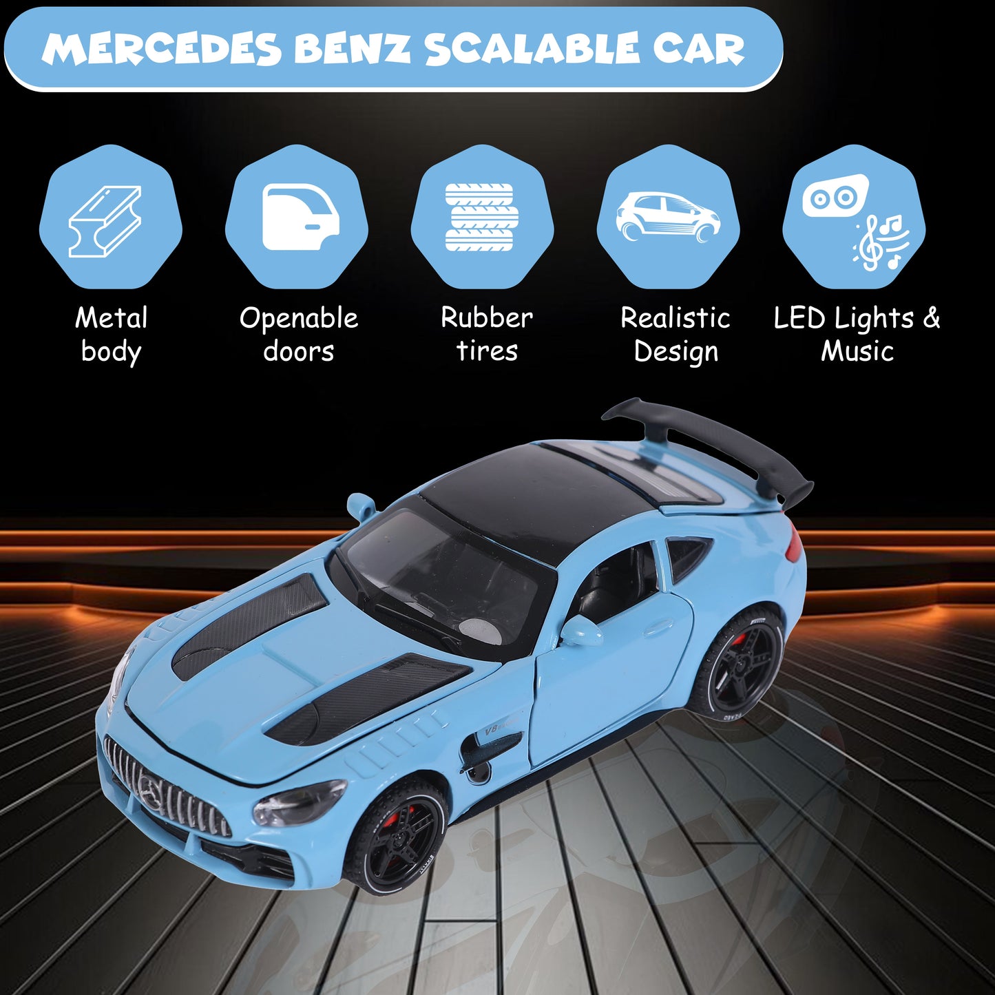 FUNFY Mercedes Benz AMG GT Skalierbares Auto im Maßstab 1:32 | Sortiert | Kunststoff und Metall | Türen, Motorhaube und Heckklappe zum Öffnen mit LED | Musik für ein intensives Spielerlebnis | für Kinder