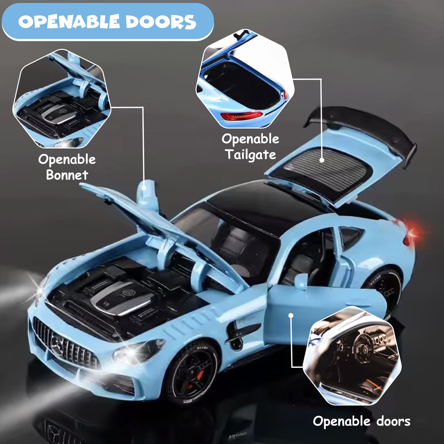 FUNFY Mercedes Benz AMG GT Skalierbares Auto im Maßstab 1:32 | Sortiert | Kunststoff und Metall | Türen, Motorhaube und Heckklappe zum Öffnen mit LED | Musik für ein intensives Spielerlebnis | für Kinder